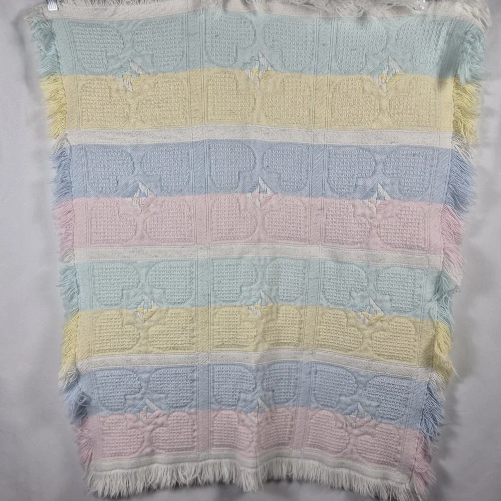 Vintage Pastel‎ Hearts Baby Blanket Fringe Waffle Knit Pink Blue Unisex